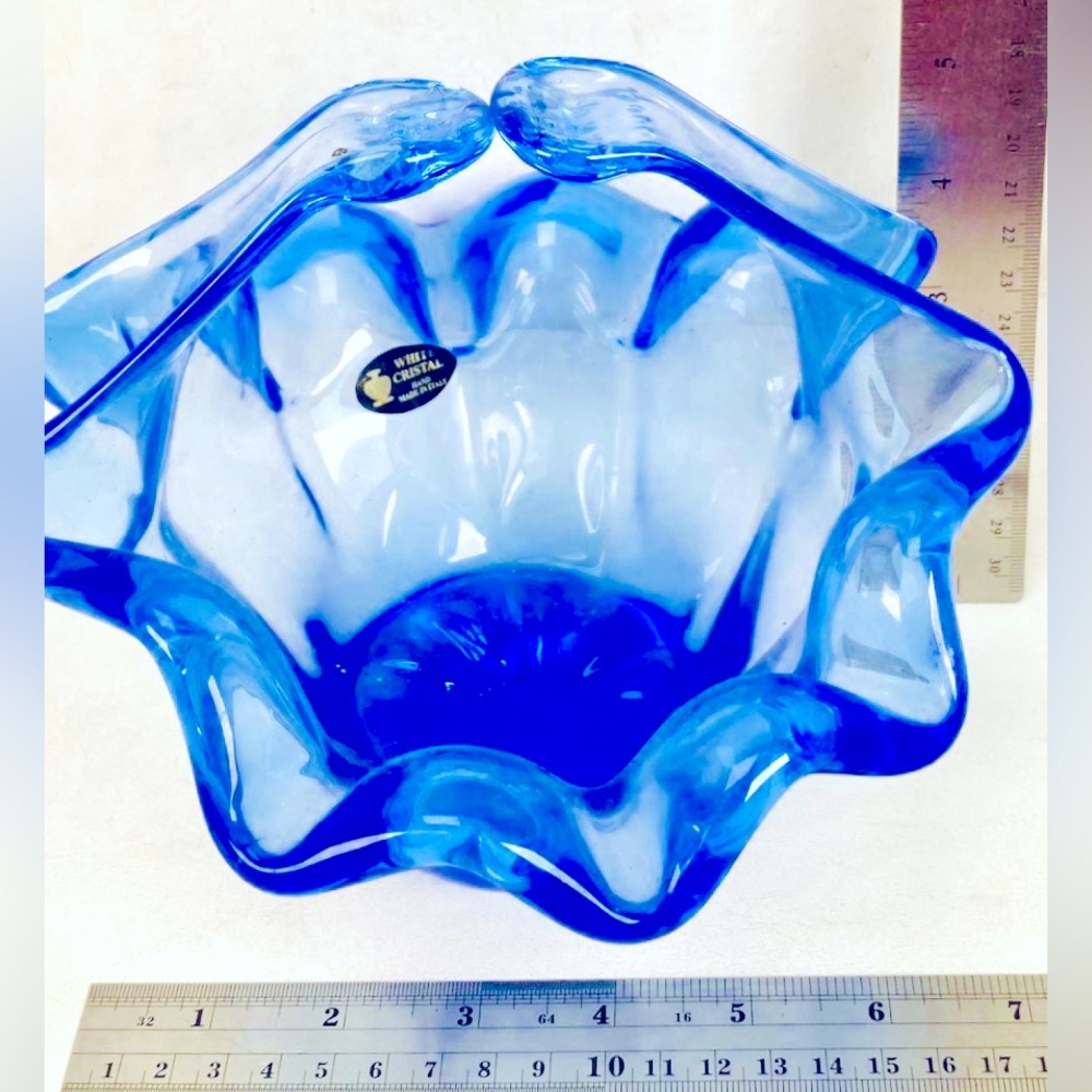Vintage White Cristal Blue Art Glass Basket by Murano (Made in Italy), EUC